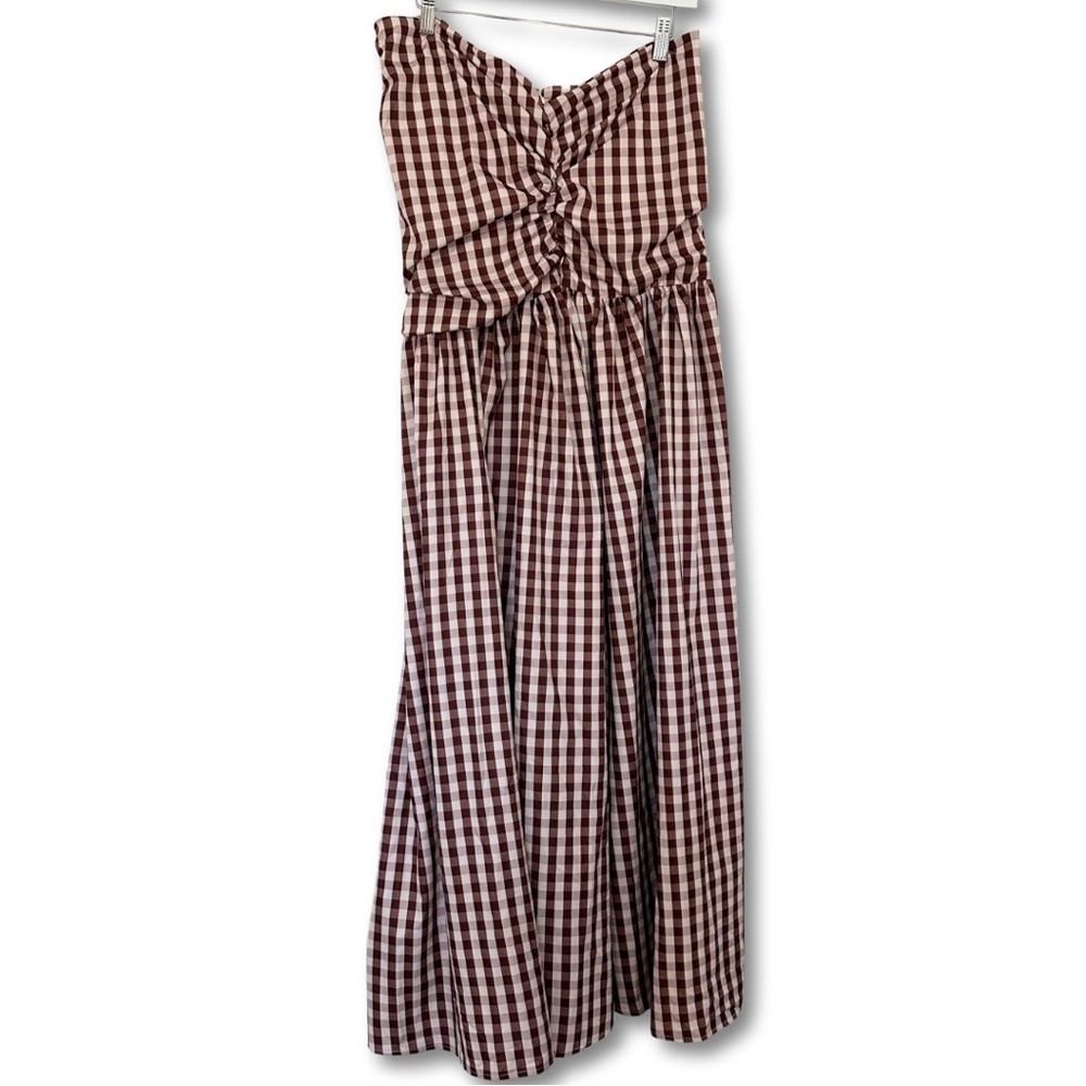 Strapless Gingham Midi Dress in Brown and Cream